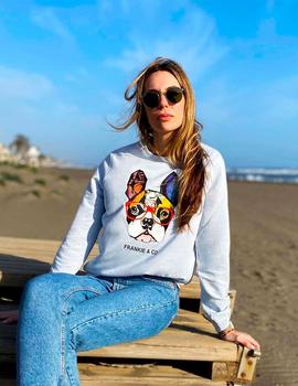 Sudadera Frankie Mujer Bulldog Gafas celeste